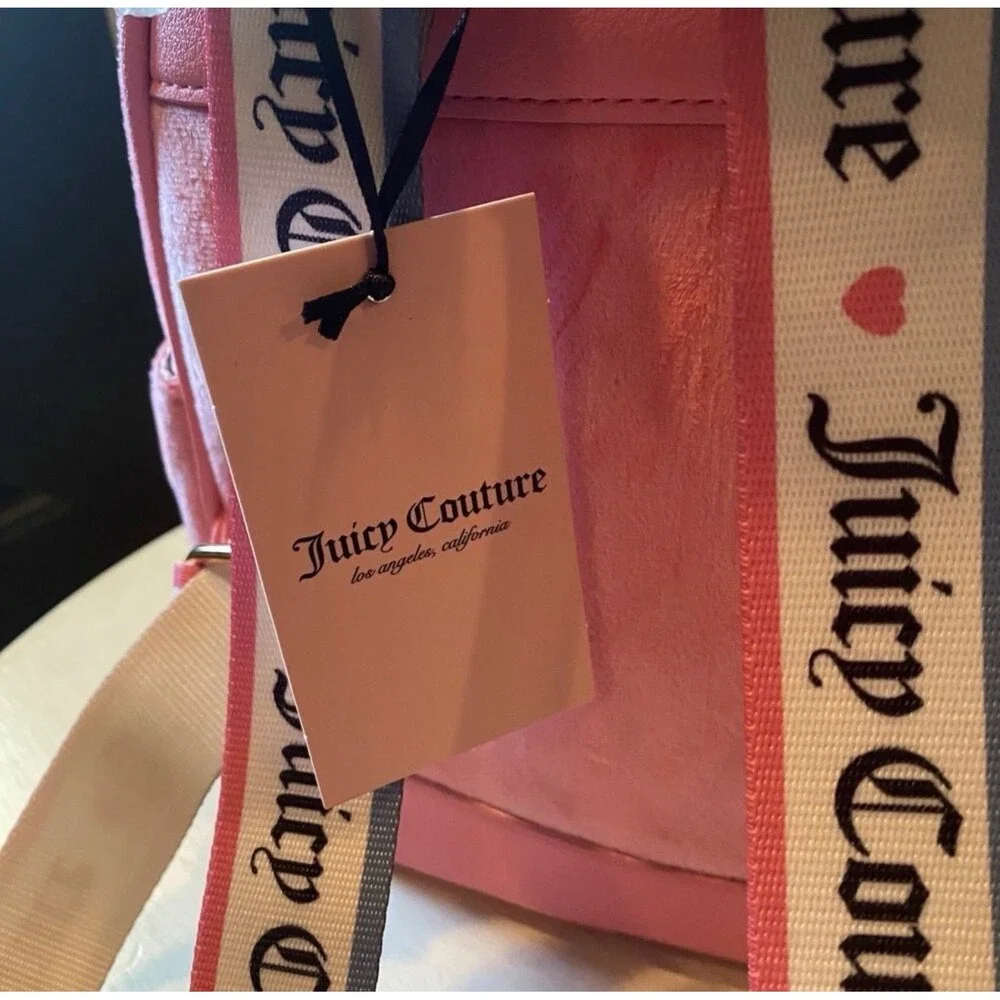 Juicy Couture Pink‎ Velour Mini Backpack Crystal Heart Charm Rhinestone Logo